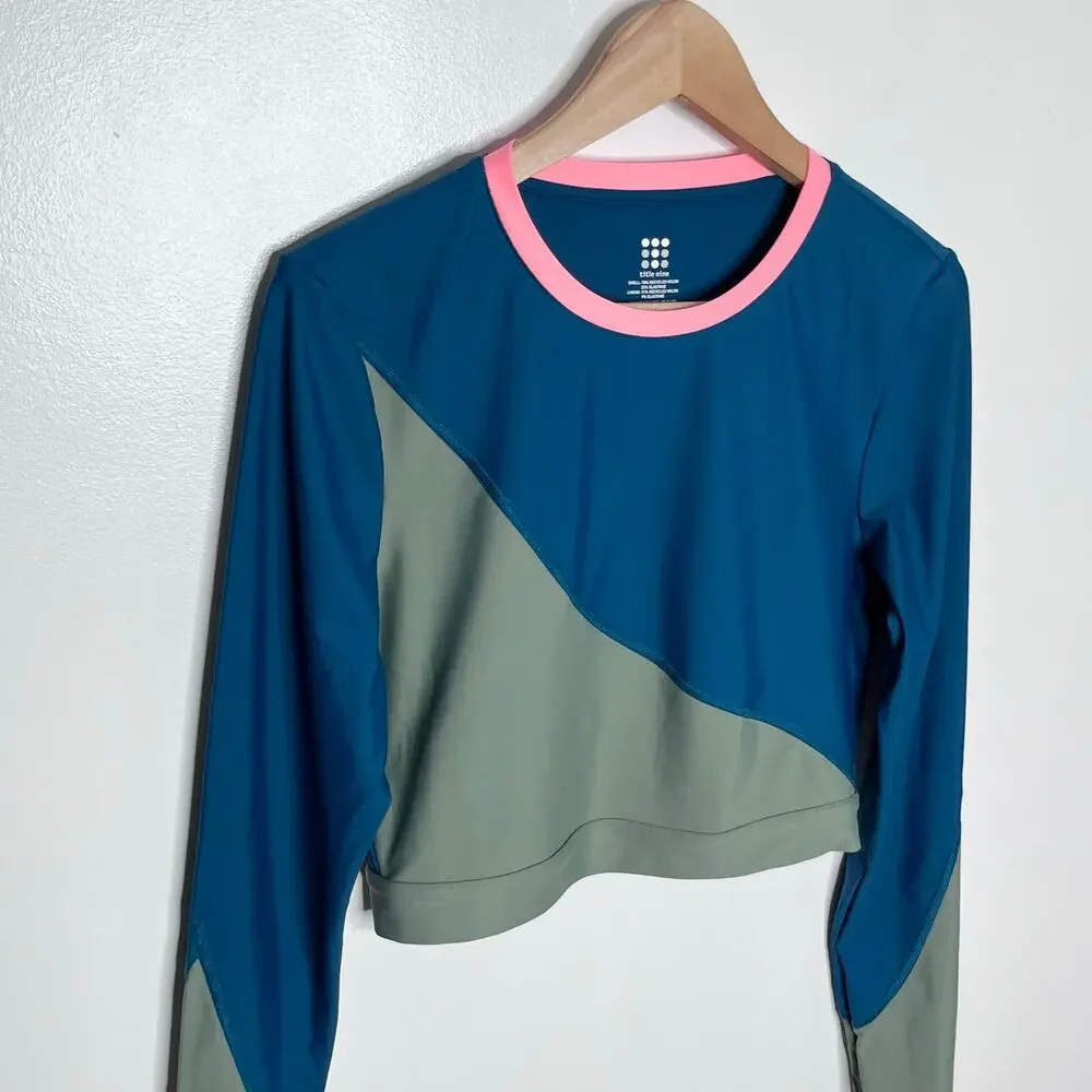 Title Nine Tideturn Cropped Rash Guard Womens M Blue Green Pink Colorblock